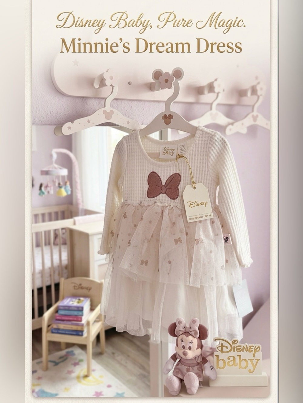 NWT ~ Disney Baby Cream Dress with Pink Bow and Tulle Skirt ~ Size 12 mo